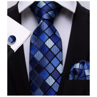 3delige stropdasset stropdas pochet manchetknopen tinten blauw Ruit